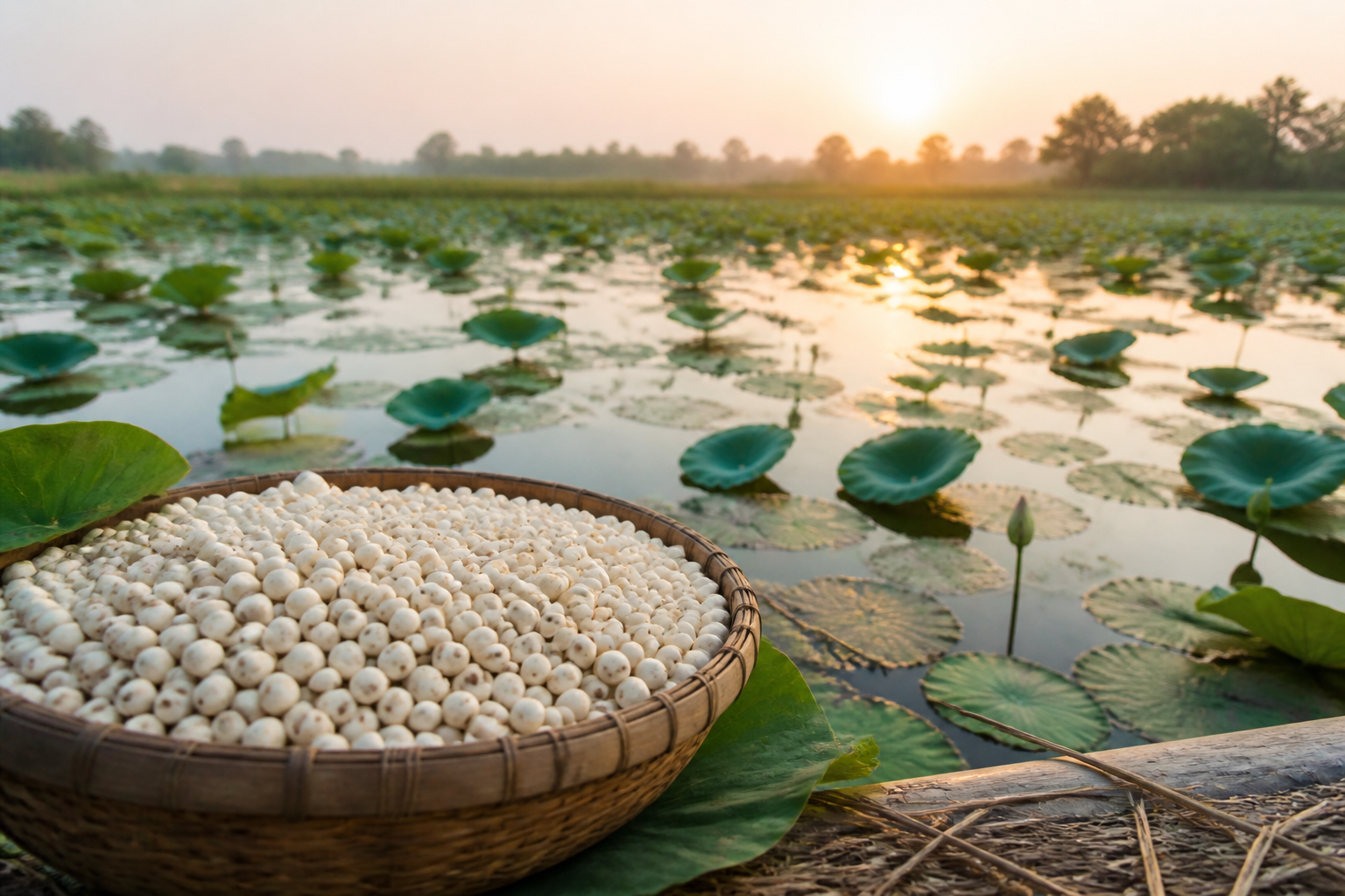 Bihar makhana pond and harvested makhana