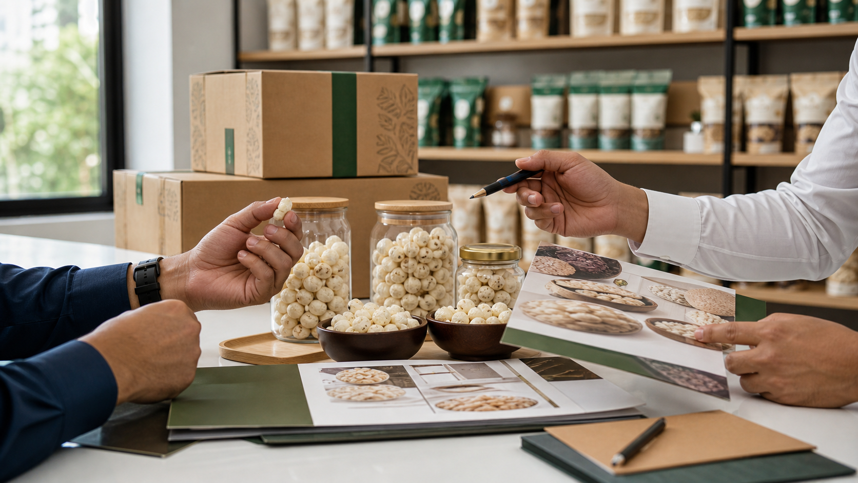 Retail and distributor discussion around makhana samples