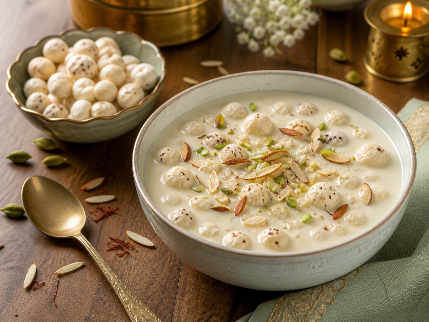 Bowl of makhana kheer with nuts and saffron