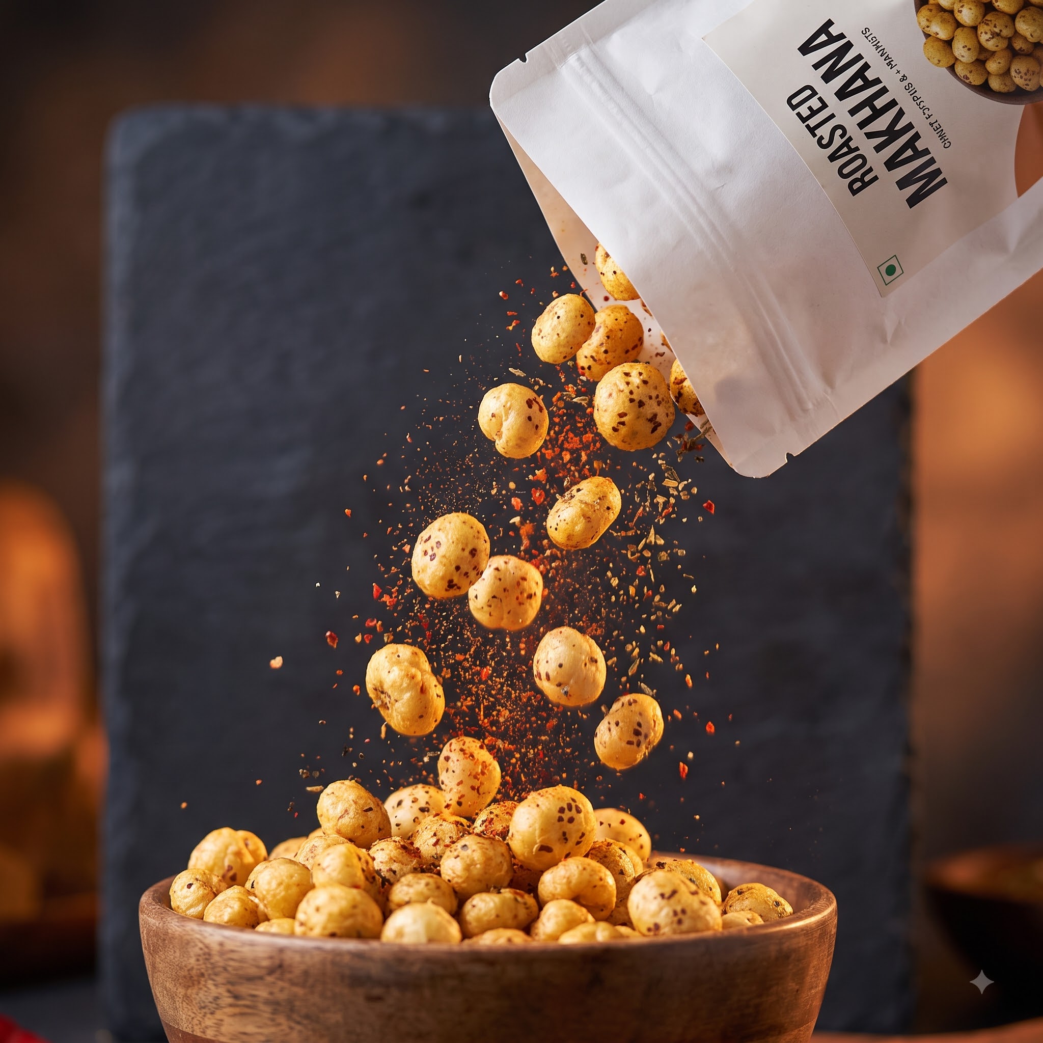 Roasted makhana tumbling into a bowl